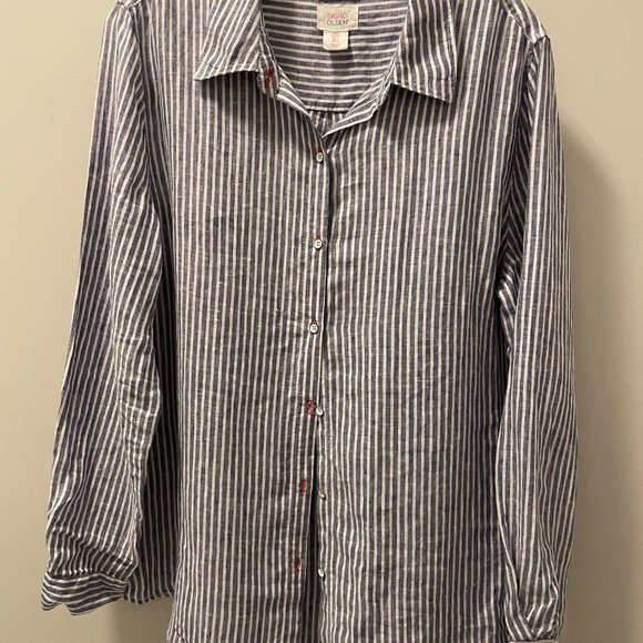 Sigrid Olsen Striped Linen Button Down Shirt with Red Detail, Large - Picture 9 of 9